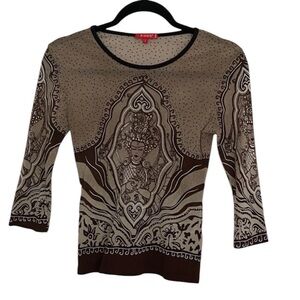 Vintage Noun Paris Tribal Print Y2K 3/4 Sleeve Knit Top BrownBeige made n France